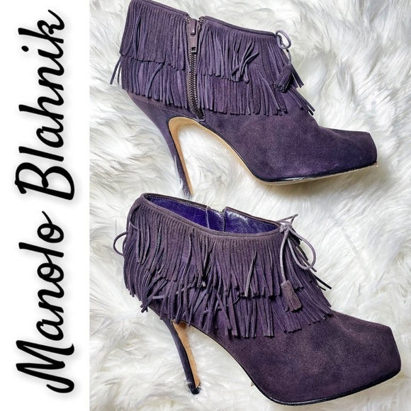 MANOLO BLAHNIK Plum Suede Fringe Peep Toe Bootie, Size 7 - Picture 4 of 10